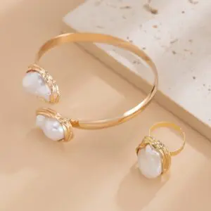 Baroque Irregular Pearl Inlaid Open Ring Bangle Bracelet Set - ArtGalleryZen