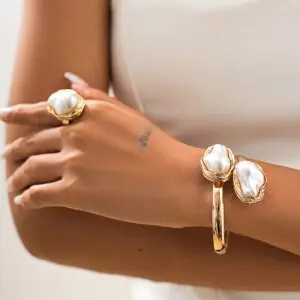 Baroque Irregular Pearl Inlaid Open Ring Bangle Bracelet Set - ArtGalleryZen