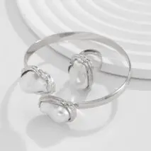 Baroque Irregular Pearl Inlaid Open Ring Bangle Bracelet Set - ArtGalleryZen