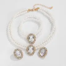 Baroque Layered Emerald CZ Inlaid Pearl Chain Choker Necklace Bracelet Earrings Set - ArtGalleryZen