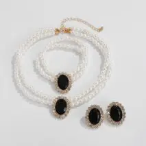 Baroque Layered Emerald CZ Inlaid Pearl Chain Choker Necklace Bracelet Earrings Set - ArtGalleryZen