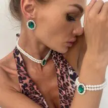 Baroque Layered Emerald CZ Inlaid Pearl Chain Choker Necklace Bracelet Earrings Set - ArtGalleryZen