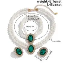 Baroque Layered Emerald CZ Inlaid Pearl Chain Choker Necklace Bracelet Earrings Set - ArtGalleryZen