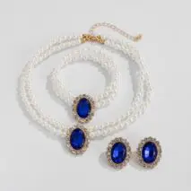Baroque Layered Emerald CZ Inlaid Pearl Chain Choker Necklace Bracelet Earrings Set - ArtGalleryZen