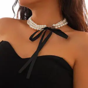 Baroque Layered Ribbon Bowknot Pearl Chain Necklace - ArtGalleryZen