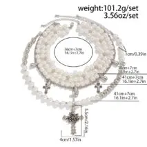Baroque Layered Rose Cross Pendant Pearl Chain Necklace Set - ArtGalleryZen