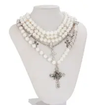 Baroque Layered Rose Cross Pendant Pearl Chain Necklace Set - ArtGalleryZen