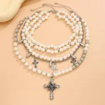Baroque Layered Rose Cross Pendant Pearl Chain Necklace Set - ArtGalleryZen