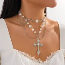 Baroque Layered Silver Plated Cross Pendant Pearl Chain Necklace - ArtGalleryZen