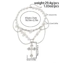 Baroque Layered Silver Plated Cross Pendant Pearl Chain Necklace - ArtGalleryZen