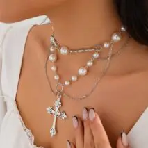 Baroque Layered Silver Plated Cross Pendant Pearl Chain Necklace - ArtGalleryZen