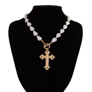 Baroque Toggle Clasp Cross Pendant Irregular Pearl Chain Necklace - ArtGalleryZen