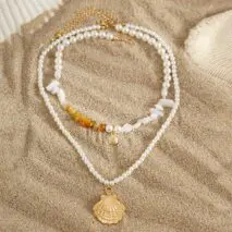 Beach Style Layered Shell Pendant Turquoise Stone Pearl Chain Necklace Set - ArtGalleryZen