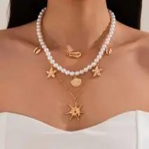 Bohemia 3pcs Conch Shell Starfish Pendant Pearl Chain Necklace Set - ArtGalleryZen