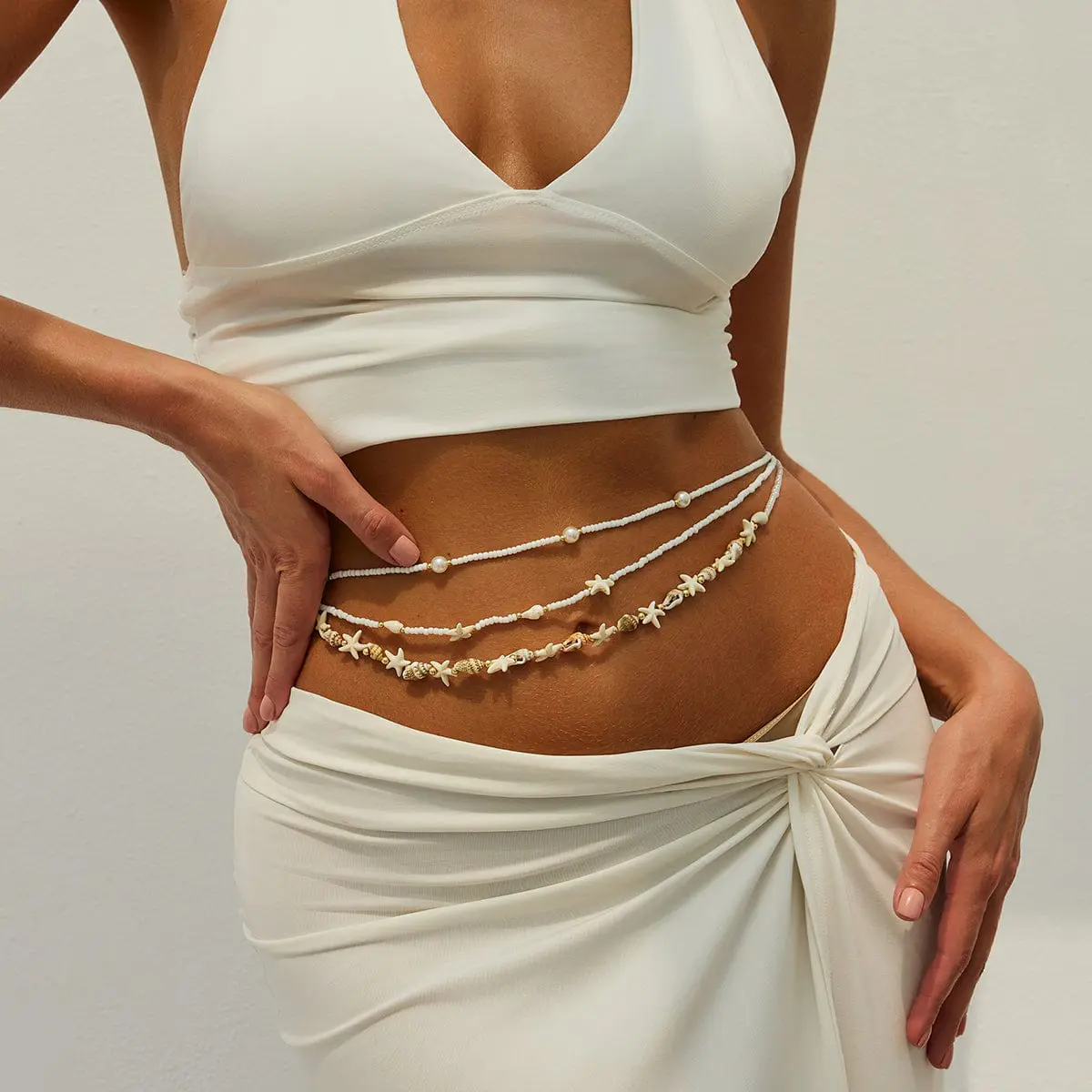 Bohemia 3pcs Pearl Conch Starfish Seed Beaded Waist Chain Set - ArtGalleryZen