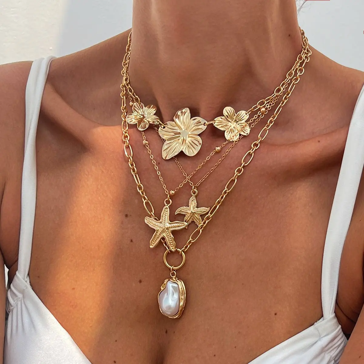 Bohemia 4pcs Irregular Pearl Flower Starfish Pendant Necklace Set - ArtGalleryZen
