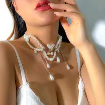 Bohemia Abstract Pattern Pearl Chain Tassel Choker Necklace - ArtGalleryZen
