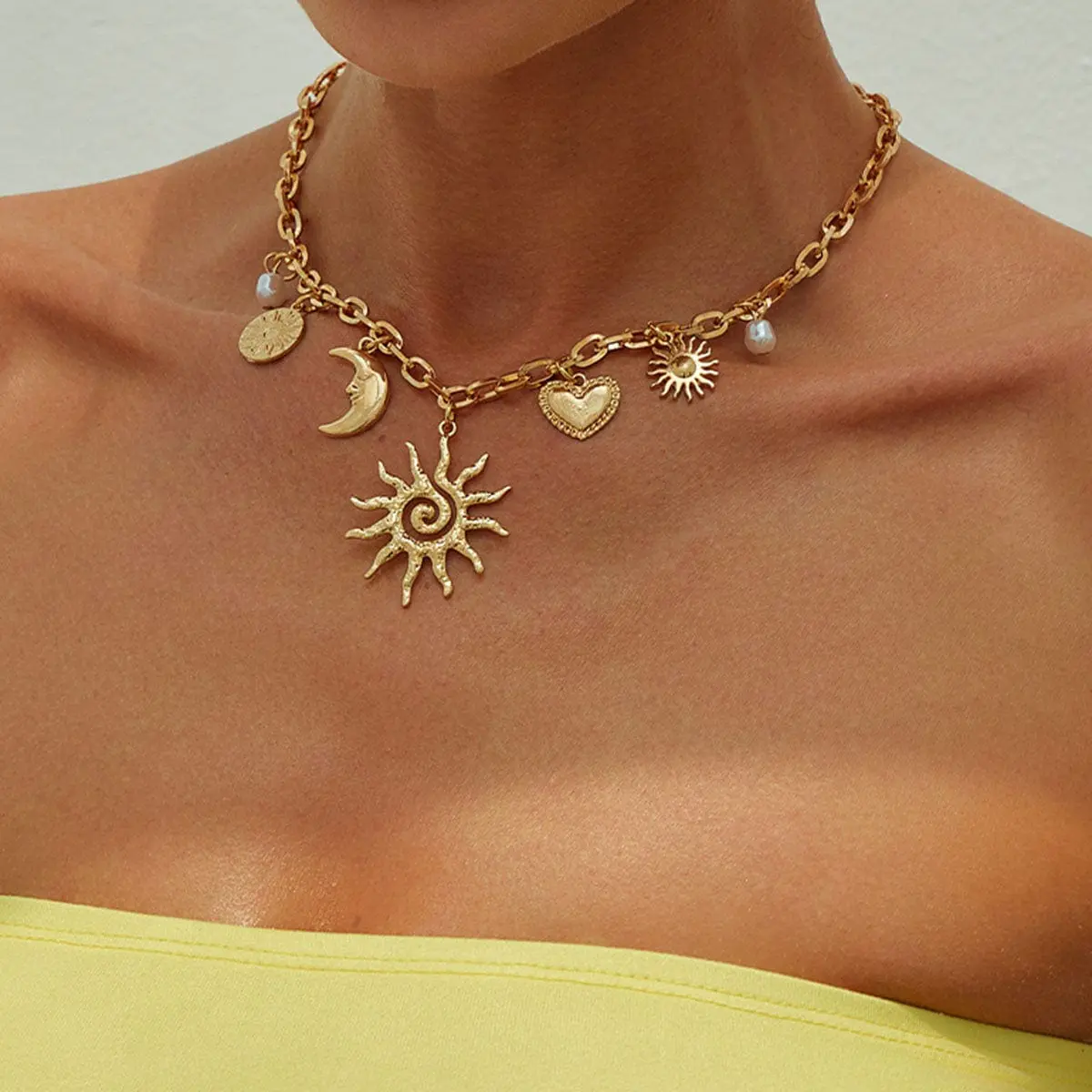 Bohemia Gold Tone Sun Moon Heart Pearl Pendant Necklace - ArtGalleryZen
