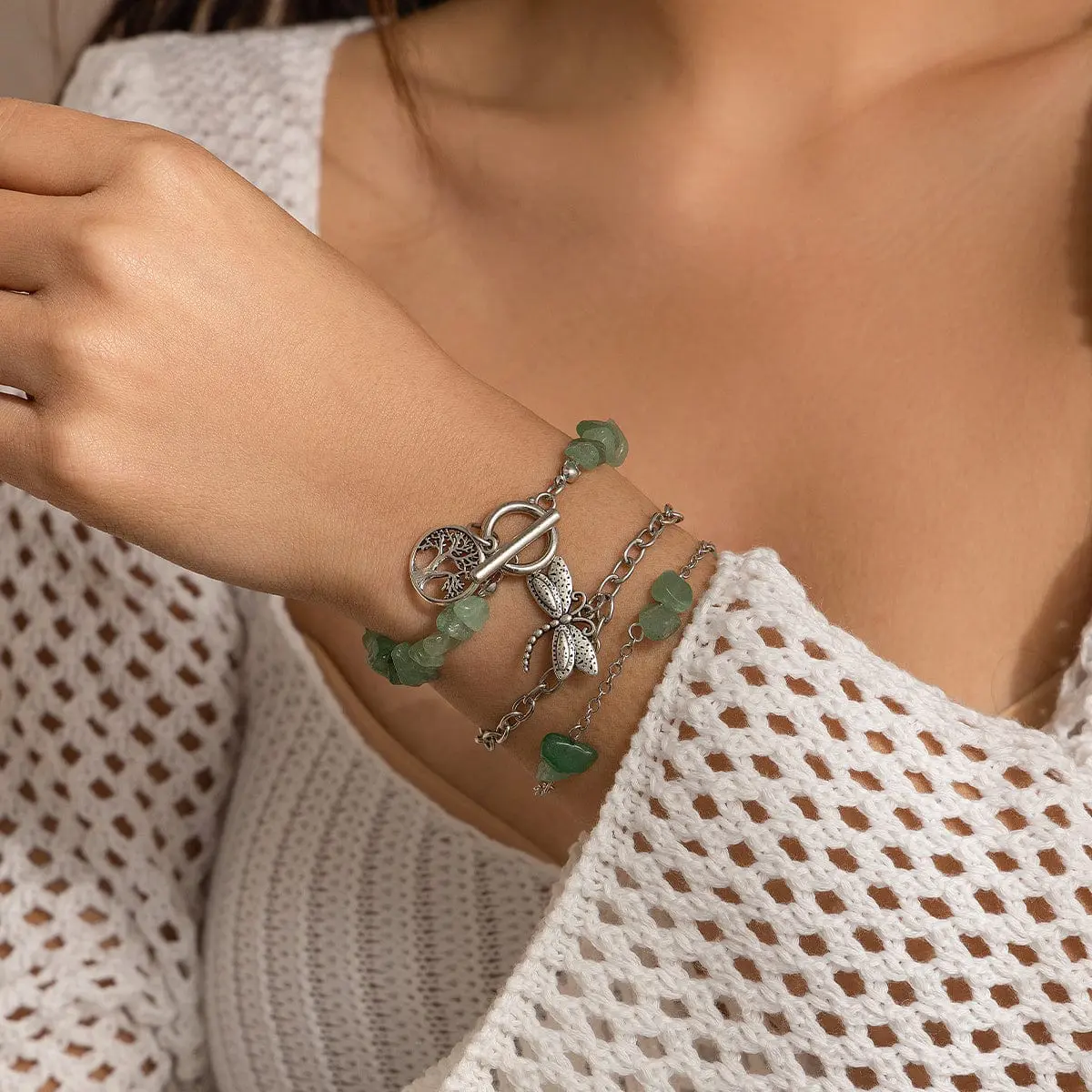 Bohemia Layered Dragonfly Tree Charm Turquoise Stone Bracelet Set - ArtGalleryZen