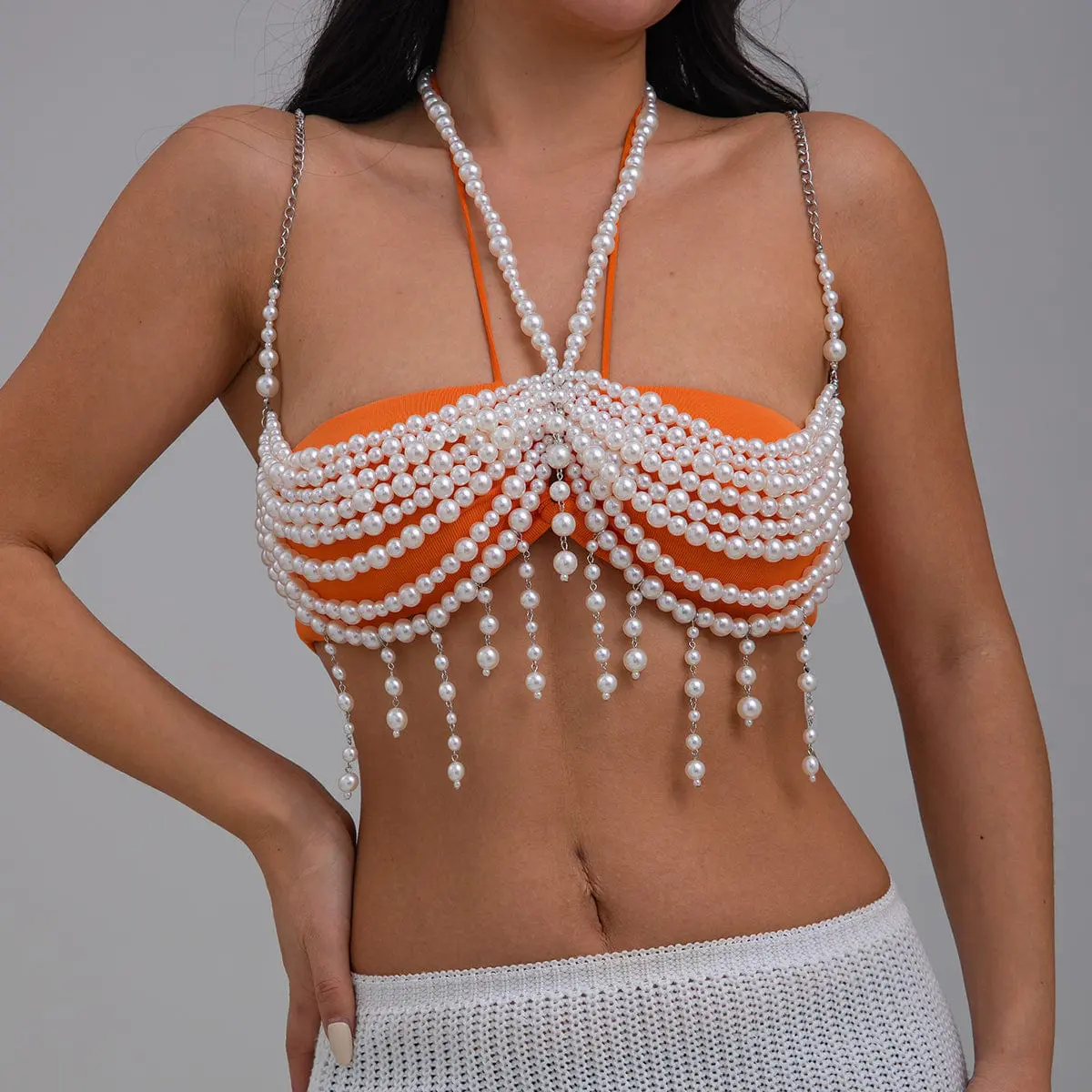 Bohemia Layered Pearl Tassel Halter Top Backless Body Chain Bra - ArtGalleryZen