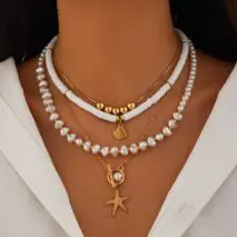 Bohemia Layered Shell Starfish Pendant Pearl Chain Necklace Set - ArtGalleryZen