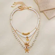 Bohemia Layered Shell Starfish Pendant Pearl Chain Necklace Set - ArtGalleryZen