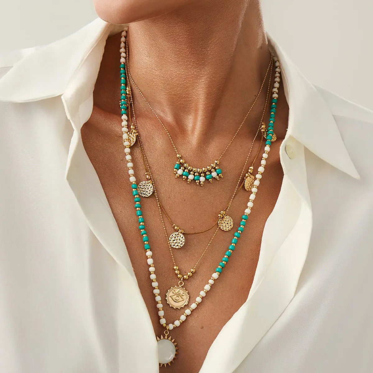 Bohemia Layered Sun Hammered Round Disk Pendant Seed Beaded Necklace Set - ArtGalleryZen