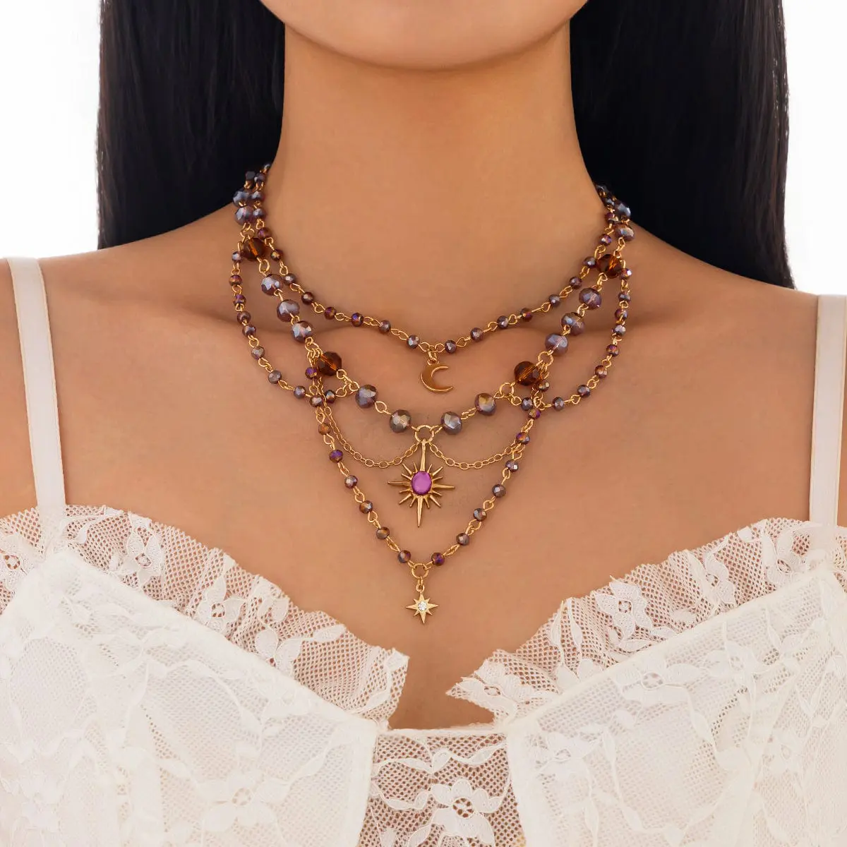 Bohemia Layered Sun Moon Star Pendant Crystal Chain Necklace - ArtGalleryZen