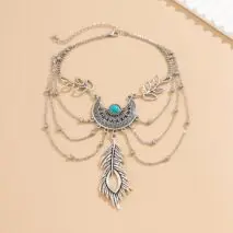 Bohemia Layered Turquoise Inlaid Feather Pendant Arm Chain - ArtGalleryZen
