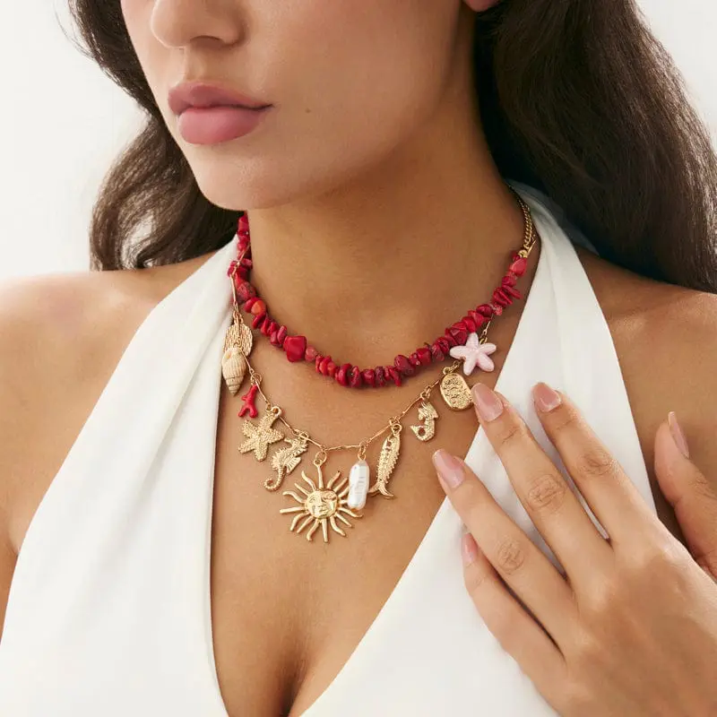 Boho 2pcs Sun Pearl Starfish Conch Pendant Turquoise Chain Necklace Set - ArtGalleryZen