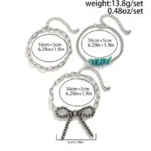 Boho 3pcs Antique Silver Tone Bowknot Turquoise Curb Chain Bracelet Set - ArtGalleryZen