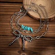Boho 3pcs Antique Silver Tone Bowknot Turquoise Curb Chain Bracelet Set - ArtGalleryZen