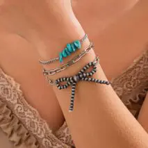 Boho 3pcs Antique Silver Tone Bowknot Turquoise Curb Chain Bracelet Set - ArtGalleryZen