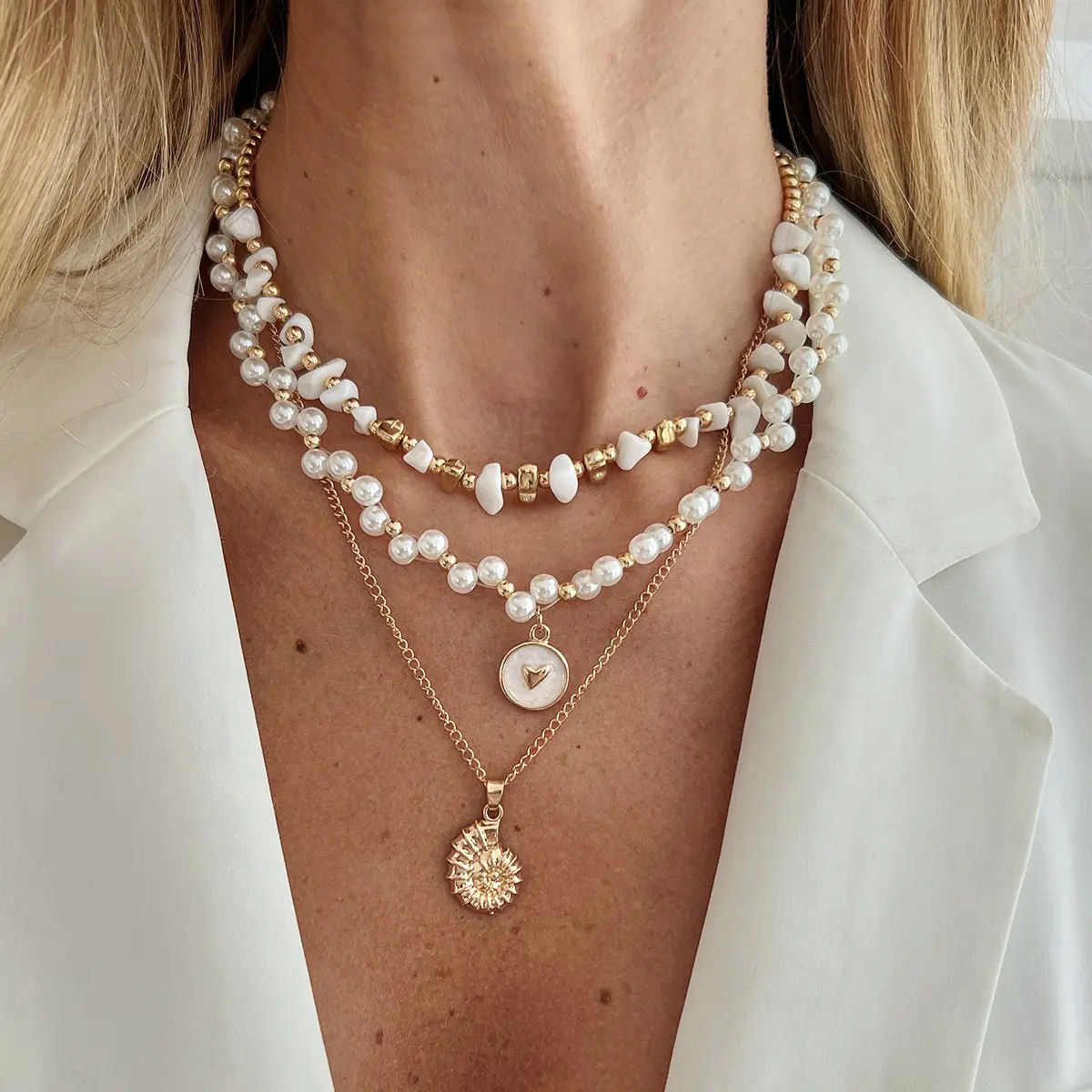 Boho 3pcs Conch Enamel Round Disk Pendant Pearl Chain Necklace Set - ArtGalleryZen