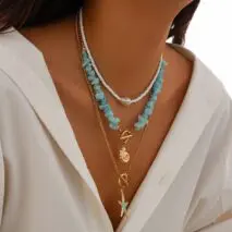 Boho 3Pcs Enamel Starfish Conch Pendant Turquoise Stone Chain Necklace Set - ArtGalleryZen