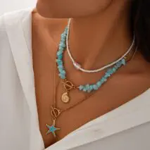 Boho 3Pcs Enamel Starfish Conch Pendant Turquoise Stone Chain Necklace Set - ArtGalleryZen