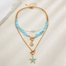 Boho 3Pcs Enamel Starfish Conch Pendant Turquoise Stone Chain Necklace Set - ArtGalleryZen