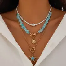 Boho 3Pcs Enamel Starfish Conch Pendant Turquoise Stone Chain Necklace Set - ArtGalleryZen