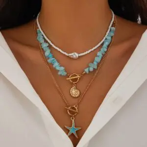 Boho 3Pcs Enamel Starfish Conch Pendant Turquoise Stone Chain Necklace Set - ArtGalleryZen