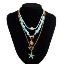 Boho 3Pcs Enamel Starfish Conch Pendant Turquoise Stone Chain Necklace Set - ArtGalleryZen