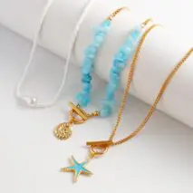 Boho 3Pcs Enamel Starfish Conch Pendant Turquoise Stone Chain Necklace Set - ArtGalleryZen