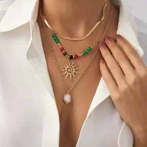 Boho 3pcs Sun Pearl Pendant Agate Bead Necklace Set - ArtGalleryZen