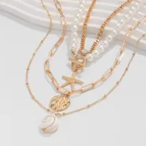 Boho 4Pcs Crystal Inlaid Starfish Conch Pendant Pearl Chain Necklace Set - ArtGalleryZen