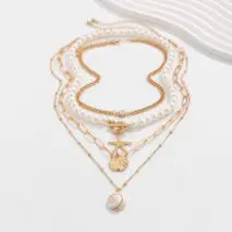 Boho 4Pcs Crystal Inlaid Starfish Conch Pendant Pearl Chain Necklace Set - ArtGalleryZen