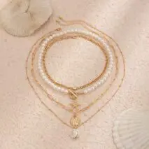 Boho 4Pcs Crystal Inlaid Starfish Conch Pendant Pearl Chain Necklace Set - ArtGalleryZen