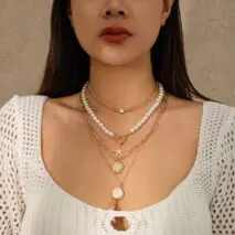 Boho 4Pcs Crystal Inlaid Starfish Conch Pendant Pearl Chain Necklace Set - ArtGalleryZen