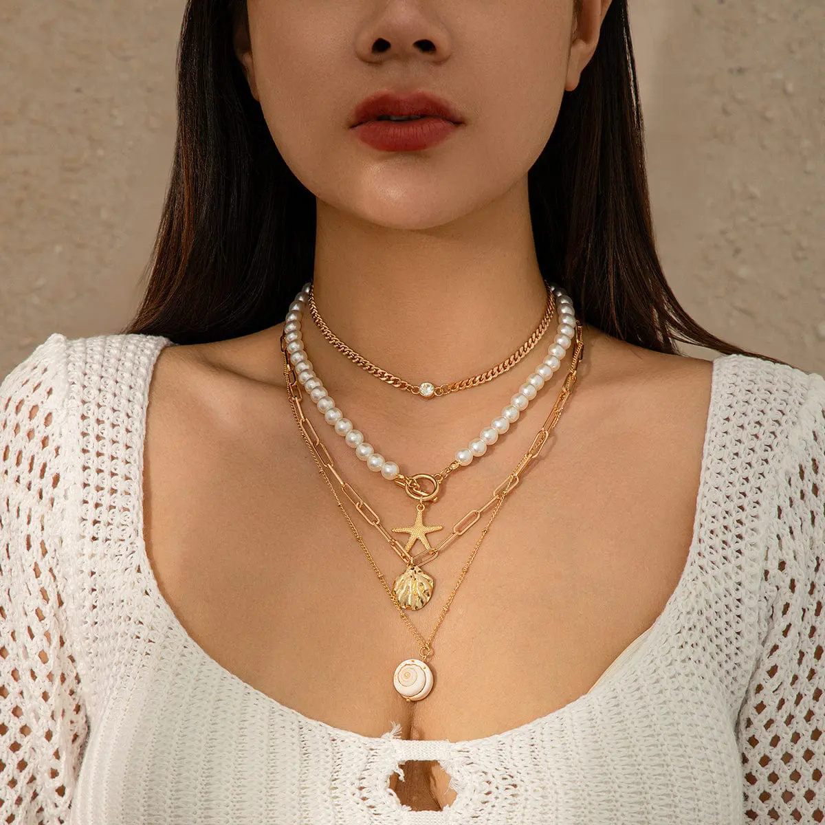 Boho 4Pcs Crystal Inlaid Starfish Conch Pendant Pearl Chain Necklace Set - ArtGalleryZen