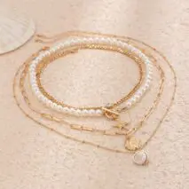 Boho 4Pcs Crystal Inlaid Starfish Conch Pendant Pearl Chain Necklace Set - ArtGalleryZen