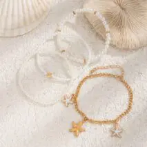 Boho 4Pcs Enamel Starfish Charm Pearl Seed Bead Anklet Set - ArtGalleryZen