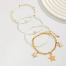 Boho 4Pcs Enamel Starfish Charm Pearl Seed Bead Anklet Set - ArtGalleryZen